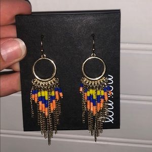 Gold, orange, yellow, and blue earrings